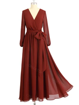 Дълга ръкави шаферска рокля с колан шифон Макси абитуриентска рокля за жени Линия V деколте официална вечерна парти рокля ON81