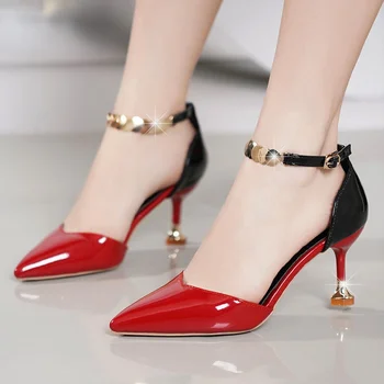 Zapatos De Mujer Дамска мода Сладки заострени катарами за пръсти Каишка Stiletto Heels Lady Cool Red Party Heel Shoes White Heels