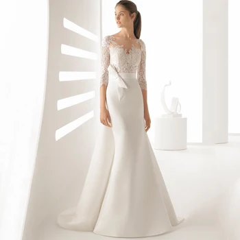 Елегантна квадратна яка апликация сватбена рокля класически лъжичка врата тюл и сатен русалка булка с лък колан почистване влак рокля