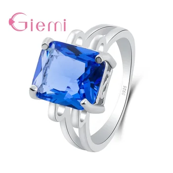 Blue кубичен цирконий зъб настройка пръстени 925 стерлинги сребро голям квадрат форма за жени сватба/годеж/годишнина