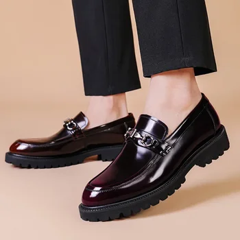 Мъжка платформа официални обувки кръг пръсти против хлъзгане естествена кожа случайни обувки голям размер комфорт дизайн страна мъже голям размер обувка