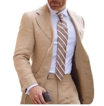 Custom Made 2pcs Notch ревера яке панталони каки елегантен бизнес мъже костюми комплект официален нетактичност панталони вечеря парти облекло