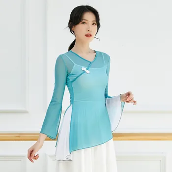 марля класически танц риза V врата дълъг ръкав китайски народни танци практика носят страничен контраст цвят модерен танц топ блуза
