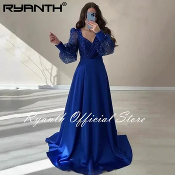 Ryanth Royal Blue A-Line абитуриентски рокли Очарователни вечерни рокли с дълъг ръкав с V-образно деколте Официален повод Дамска рокля Vestidos De Fiesta