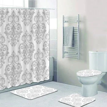 Луксозен сребрист сив и бял бароков комплект завеса за душ викториански дамаски флорални графични завеси за баня постелки за баня Домашен декор