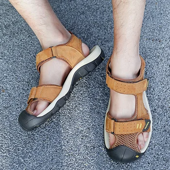 Мъжки сандали Естествена кожа Затворен пръст Рибар Плажни обувки Пешеходен туризъм на открито Неплъзгащи се 2023 Летни спортни сандали на платформа