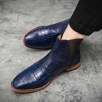 Нови модни тенденции Челси глезена ботуши за мъжки бизнес заострени пръсти приплъзване крокодил модел ръчно изработени мъжки ежедневни къси ботуши