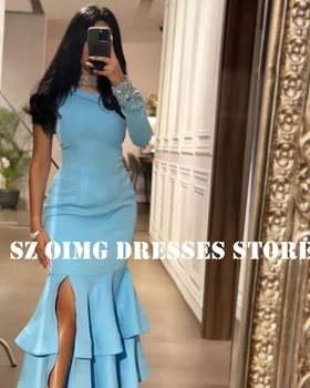 OIMG нов дизайн глезена дължина синьо пластове абитуриентски рокли арабски жени без гръб едно рамо сатенени вечерни рокли официална парти рокля