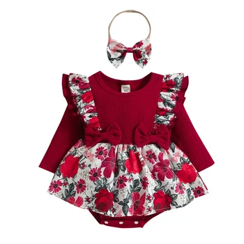 Сладка гащеризонна рокля за бебе момиче Детски цветен печат Гащеризон маншет облекло 0-24M Фотография на новородено