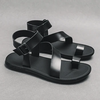Нови мъжки сандали платформа открит плаж мъжки плоски обувки дишаща обикновена кожа случайни нехлъзгащ дизайнер лято основен тласък