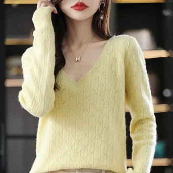 HOT Дамски пуловер пролет есен плетени пуловери V-образно деколте Slim Fit дънни ризи Твърди меки трикотажни пуловери Основни пуловери
