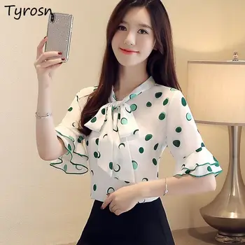 ризи жени разрошени шифон лято къс ръкав полка точка 3XL лък корейски мода ежедневно елегантен OL блузи тънки сладки дрехи