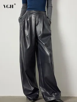 VGH твърди пачуърк копчета кожени панталони за жени висока талия снаждане гънки хлабав пълна дължина панталони женски модни дрехи