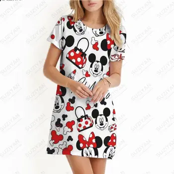 Дамска риза Лятна слънчева рокля Ежедневна къс ръкав с кръгло деколте Disney 3D принт мини рокля 2023 Нова дамска свободна рокля A-Line