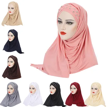 Мюсюлмански мъниста кръст хиджаб жени тюрбан издърпайте на готови за носене мигновени шал дълго едно парче Амира исляма капачка Femme Headwrap шал шапки