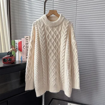 сгъстяване ретро обрат дебел пуловер пуловер жени бял цвят случайни свободни плетени върхове джъмпер кардиган оверсайз