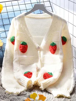 JMPRS мода 3D ягода жени пуловер случайни есен корейски хлабав сладки сладки дами плетена жилетка сладък розов бутон нагоре зимно палто