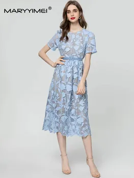 MARYYIMEI Пролет Лятна мода Дамска рокля Къс ръкав Куха цветна бродерия Тънка елегантна дантела нагоре сини рокли