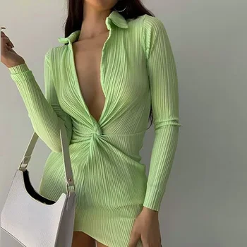 2023 Есен секси Bodycon рокля Y2k поло яка зелен дълбоко V врата дълъг ръкав мода случайни черни мини риза рокли жени