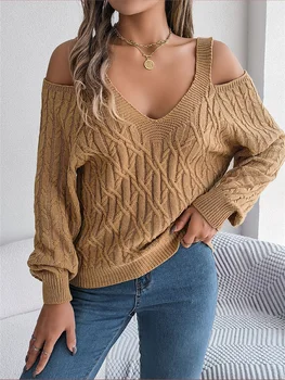 Off рамо пуловери жени реколта обрати трикотажни пуловер женски есента хлабав пуловери мода случайни фенер ръкав джъмпери
