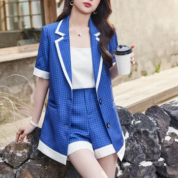 Високо качество 2023 лятна мода хлабав случайни карирани яке комплект корейски жени офис нетактичност шорти Femme костюми 2-парче