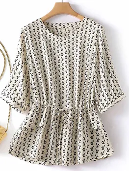 Дамска модна печатна риза от шифон 2023 Лятна лека тънка дишаща кръгла врата риза и блуза със средата на ръкава Дамски ежедневни върхове