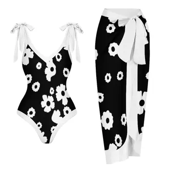 2023 Нови бикини жени реколта бански черно цвете печат две части бански костюми с капак UP монокини бикини бански костюм