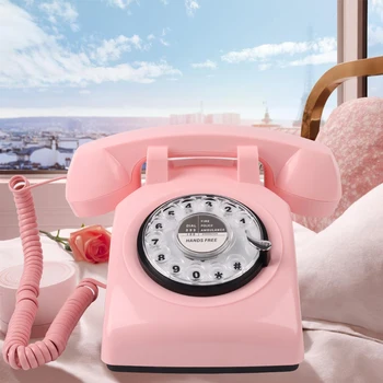 Ротари набиране телефони ретро телефон от 1980 г., ретро кабелен стационарен телефон за дома / офис розов европейски стационарен
