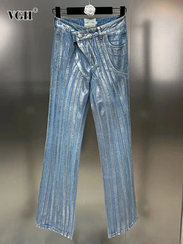 VGH пачуърк джобове случайни дънкови панталони за жени висока талия снаждане бутон улично облекло прави дънки женски моден стил