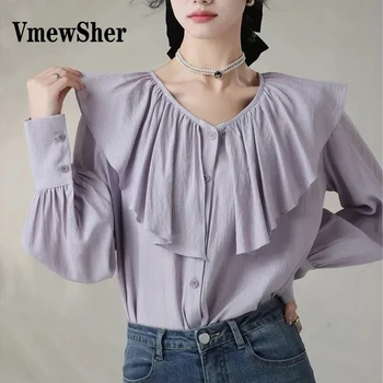 VmewSher пролет жените риза големи къдри яка Топ шик дълъг ръкав ретро блуза бутони нагоре дама елегантен OL ежедневни ризи бял