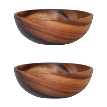 2X Натурална ръчно изработена дървена купа за салата Класическа голяма кръгла салатна супа Купа за хранене Плочи Дървени кухненски прибори
