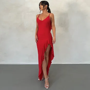 2023 Жените елегантни фишове без гръб твърди къдри нередовни секси тънък макси рокля летен рожден ден парти ваканция дрехи
