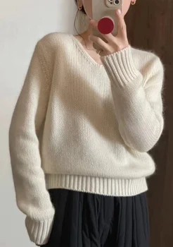 2023Пролет Есен V-образно деколте 100% чист кашмирен пуловер жени хлабав пуловер от висок клас мека восъчна плетена долна риза