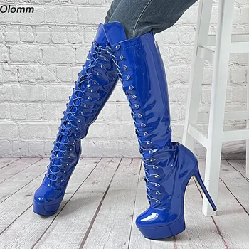 Olomm нови жени платформа коляното ботуши дантела нагоре страничен цип шило токчета кръг Toe доста сини червени обувки жени плюс САЩ размер 5-20