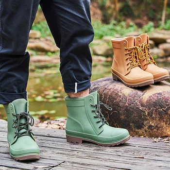 Нов плюс размер защита на труда гумени обувки мъжки жени мода дантела нагоре дъжд ботуши водоустойчив каучук глезена открит дъжд ботуши