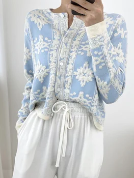 2023 Есен Стереоскопични флорални корейски жилетки пуловери жени дълъг ръкав еднореден върховете реколта елегантен дами жилетка