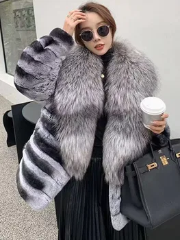 [EWQ] Дебело топло красиво дамско облекло Луксозна имитация Сребърна лисица кожа яка палто пролет 2024 зимни дълъг ръкав връхни дрехи