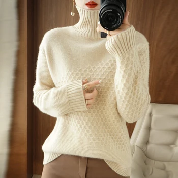 2023 Есен/Зима Нов 100% вълна кашмир пуловер Жените високо врата трикотажни дебел пуловер дълъг ръкав хлабав мода Топ женски