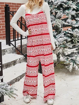 Жени Коледа плетени лигавник гащеризони снежинка печат хлабав прав крак гащеризон гащеризон панталони с джоб Streetwear