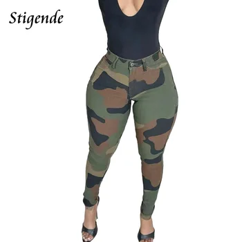 Stigende секси кльощава тънък камуфлаж панталони жени армия зелено участък молив панталони случайни бутон джоб военни панталони