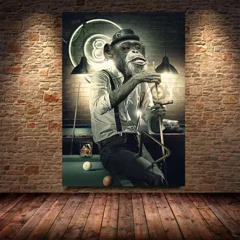 Абстрактен плакат за стена на животни, карти за игра на черна димяща маймуна, билярдна зала бар платно живопис, пътека стена арт картина