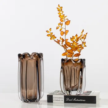 Модерен луксозен кехлибар ваза орнаменти Nordic висок клас простота мека декорация цвете изделия за хол маса дома декор