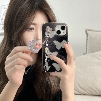 корейски сладък градиент черен блясък верига висулка телефон случай за iPhone 14 11 12 13 Pro Max мек капак пеперуда удароустойчиви случаи