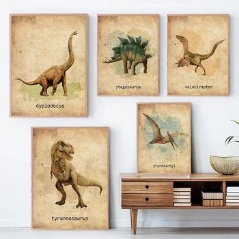 T-rex Трицератопс динозавър реколта плакат отпечатъци за детска стая деца спалня Начало декор акварел животински платно живопис стена изкуство