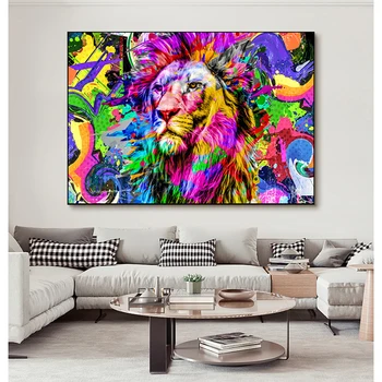 Абстрактно Психеделичен лъв Котка Платно Живопис Плакати и отпечатъци Цветни животни Картини за стена за хол декор