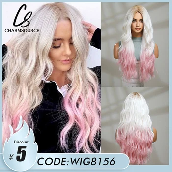 CharmSource бял синтетичен омбре розов блондинка дълги вълнообразни перуки с бретон за жени Cosplay парти Ежедневна употреба Топлоустойчиви влакна
