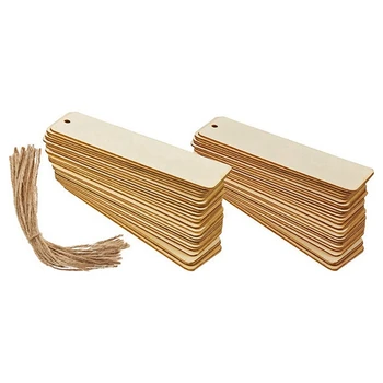 100Pcs дървени DIY отметки празни отметки с въжета дървени маркери за книги правоъгълник тънък висящ етикет