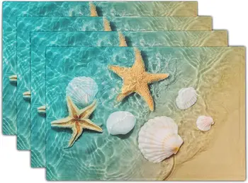 Seashell Starfish Placemats Комплект от 4 миещи се бельо Beach Place Mats 12x18inch океанско синьо Подложки за маса за трапезария Декор