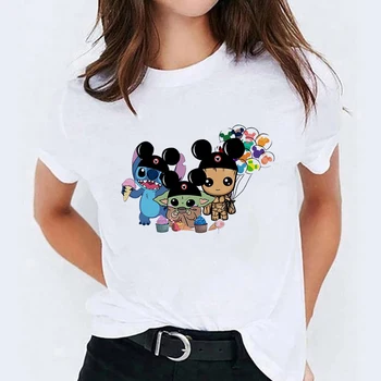 Disney Cartoon Cute Women's T-shirt Mickey Element Fashion Casual Vacation Clothes Short Sleeve Summer Tops Kawaii Harajuku Tees