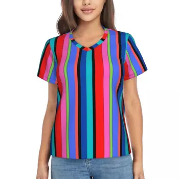 Colorblock печат T ризи Rainbow Pinstripe V Neck Streetwear Извънгабаритни T риза Къс ръкав Tee Summer Design Top Tees